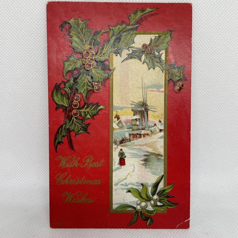 Vintage Christmas Postcard Holly Berries Windmill Stream White Flower Bulbs PC